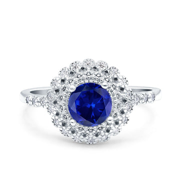 Halo Art Deco Wedding Ring Round Simulated Blue Sapphire CZ 925 Sterling Silver